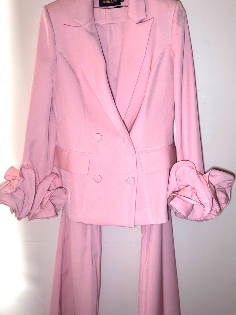 Fashion Nova Pink Double-Breasted Blazer with Ruffled Cuffs